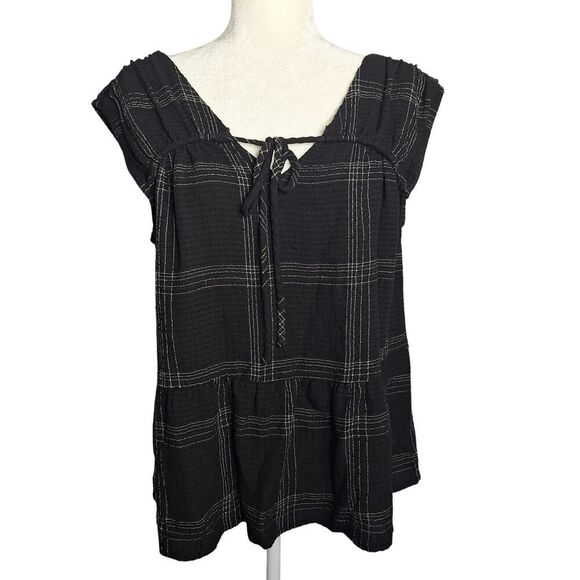 Loft Womens Babydoll Top Black Plaid Cap Sleeve Flowy Whimsigoth Small - Picture 1 of 9